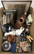 A box of sundries to incude plated wares, Staffordshire spaniels, copper haystack measure,