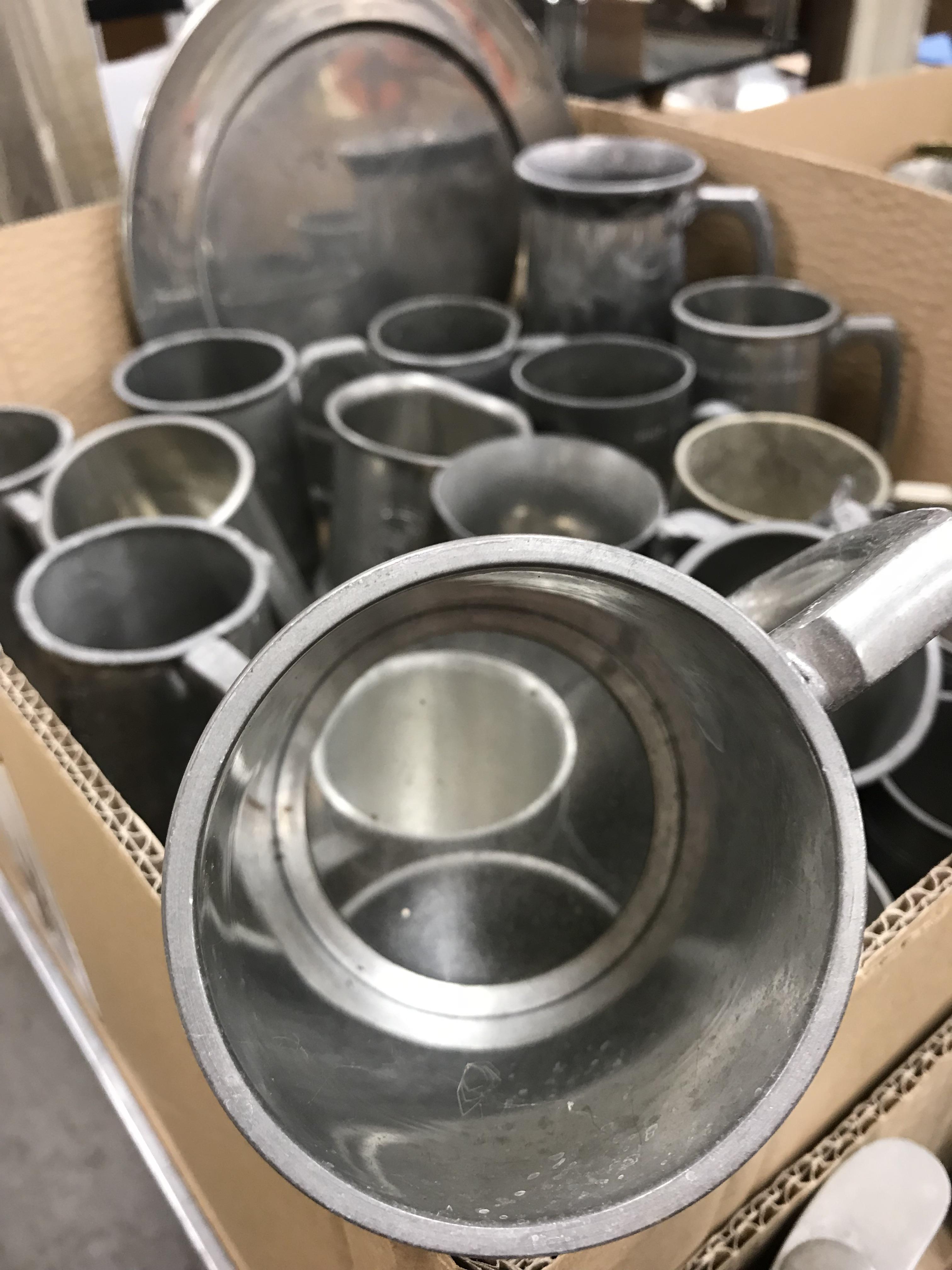 Two boxes of various pewter mugs and goblets, plated mugs, two pewter plates, - Image 3 of 7