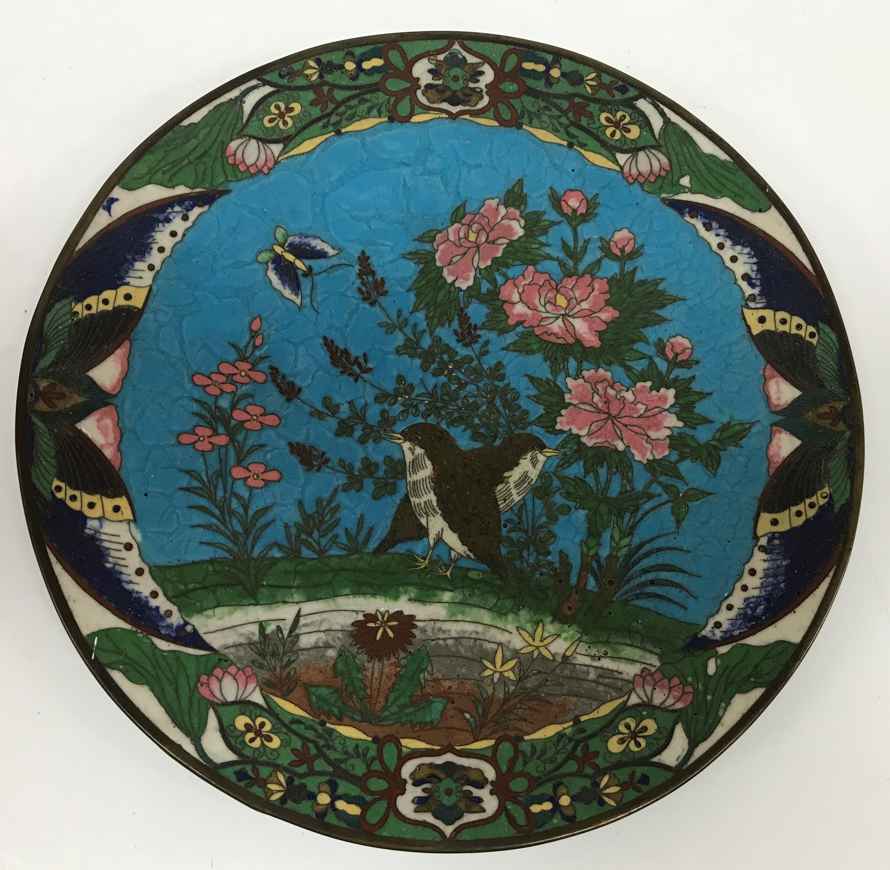 A Chinese cloisonné charger decorated with two cranes feeding amongst blossoming foliage 30. - Image 2 of 2