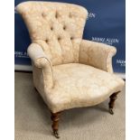 A modern stained beech framed scroll arm chair on turned front legs in the 19th Century French