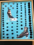 Five trays of boot and other small buttons mounted with historical pictures,