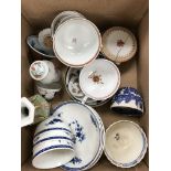 Two boxes of various china wares to include three 18th Century blue and white Worcester / Worcester