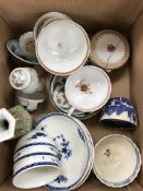 Two boxes of various china wares to include three 18th Century blue and white Worcester / Worcester