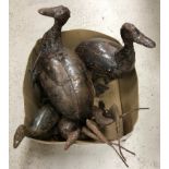 Five boxes of various decorative items to include welded iron bird ornaments,