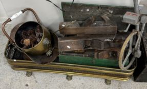 A collection of various treen and metal wares including two jack planes, two further planes,