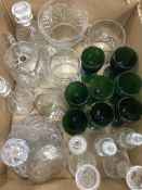 A box of assorted glassware to include a cut glass ship's decanter,
