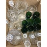 A box of assorted glassware to include a cut glass ship's decanter,
