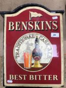 An enamelled advertising sign for Benskins Best Bitter Traditional Cask Ale 28.5 cm wide x 39.