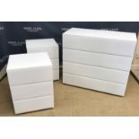A white glass covered chest of four long drawers, 91 cm wide x 41 cm deep x 80 cm high,