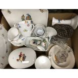 A box of various china wares to include Adderley floral pattern tea cups,