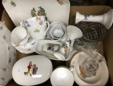A box of various china wares to include Adderley floral pattern tea cups,