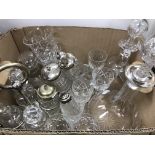 A box of various glassware to include onion shaped decanter and stopper, flagon, two sugar shakers,