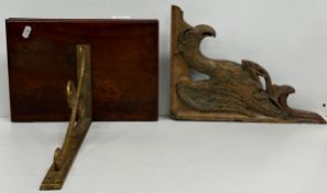 A mahogany and lacquered brass wall bracket and a carved and painted eagle bracket (no top section)