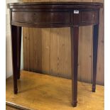 A 19th Century mahogany demi-lune fold over card table with single frieze drawer on square tapered