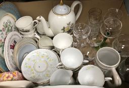 A box of various china and glassware to include Royal Stafford Myotts Chantilly,