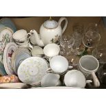 A box of various china and glassware to include Royal Stafford Myotts Chantilly,