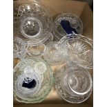 Three boxes of assorted glassware to include vases, fruit bowls, jugs,