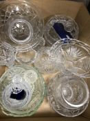 Three boxes of assorted glassware to include vases, fruit bowls, jugs,