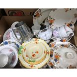 Three boxes of various china and glassware including blue and white willow pattern,