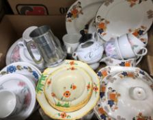 Three boxes of various china and glassware including blue and white willow pattern,