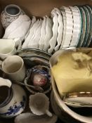 Five boxes of assorted household china ware to include Apilco coffee cups and saucers,