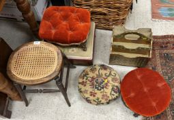 A collection of five various Victorian and other stools and a painted four section magazine rack