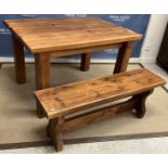 A modern rustic pine tavern type table on heavy square legs, 122 cm long x 88 cm wide x 77 cm high,