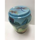 A Sally Tuffin Dennis Chinaworks vase or pot and cover decorated with diving kingfishers and lilies,