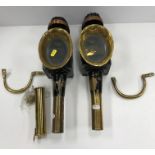 A pair of Victorian brass, copper and black painted coach lamps by Limehouse Co.