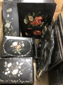 A collection of various Victorian and later black lacquered papier-mâché and other wares to include