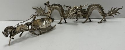 A Victorian silver miniature model of a horse pulling a sleigh with Classical figure of a man with