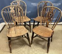 A set of four 19th Century Thames Valley star back beech, ash and elm kitchen chairs,