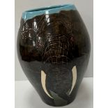 A Sally Tuffin Dennis Chinaworks bull elephant decorated vase with incised decoration, No'd.