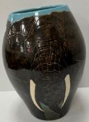 A Sally Tuffin Dennis Chinaworks bull elephant decorated vase with incised decoration, No'd.