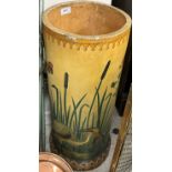 A vintage painted pottery chimney pot decorated with a heron amongst bullrushes 65 cm high x 28 cm