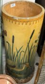 A vintage painted pottery chimney pot decorated with a heron amongst bullrushes 65 cm high x 28 cm