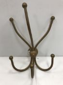 A vintage brass six prong wall mounted hat and coat rack 30 cm wide x 41 cm high together with a