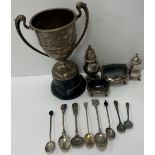 A collection of silver wares to include a twin-handled trophy cup inscribed "Newton Tony Gymkhana