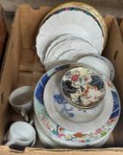 A box containing assorted decorative china wares to include chinoiserie style decorated plates etc