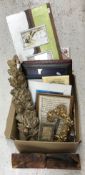 A box of sundry items to include a Florentine gilt and gesso decorated easel frame,