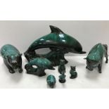 Two boxes of assorted china wares to include Blue Mountain figurines including dolphin, bear,