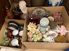 Two boxes of assorted china and sundry items to include a mid 20th Century turned wood table lamp,