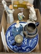 A box of assorted china wares to include a Doulton Lambeth commemorative Victoria vase stamped