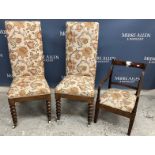 A pair of 19th Century mahogany framed upholstered hall chairs with bobbin turned legs,