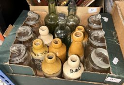A box containing various stoneware/salt glazed beer bottles including Thomas's Stone Beer,