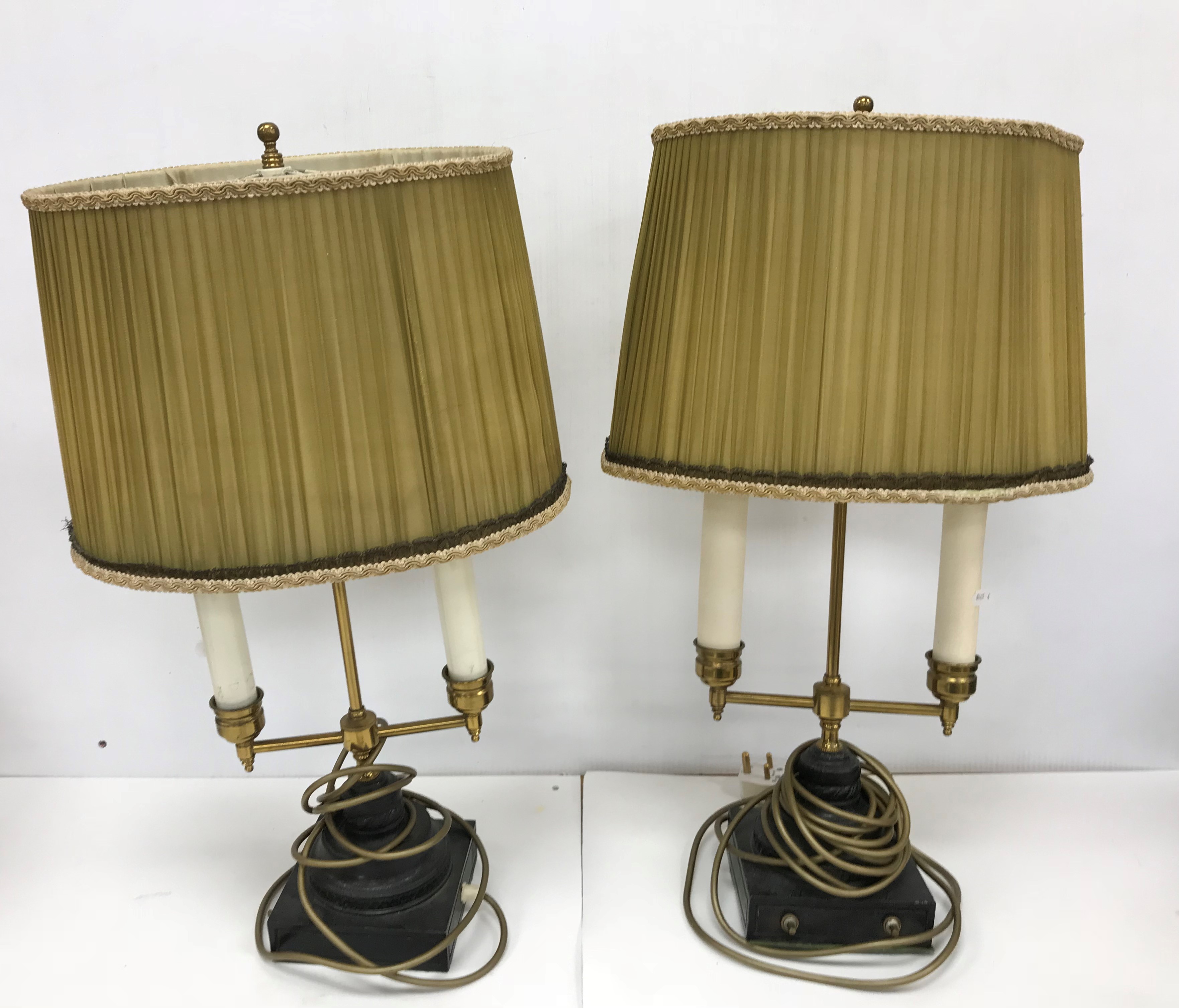 A pair of brass and black painted iron based twin light table lamps in the Victorian style, - Image 2 of 6