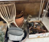 A collection of sundry items to include wooden bowl, brass jam pan, a pair of brass candlesticks,