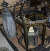 A brass hall lantern frame of hexagonal form together with an Art Nouveau style lightshade with