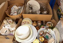 Three boxes of assorted decorative china and glassware to include cake stand, bowls, decanters,