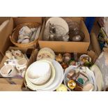 Three boxes of assorted decorative china and glassware to include cake stand, bowls, decanters,